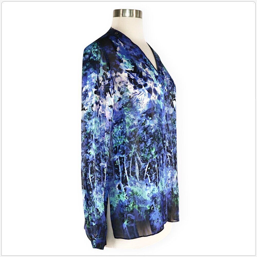 Elie Tahari Lydia Leather Trimmed Floral Snap Front Silk Blue Top Blouse XS - Picture 5 of 7